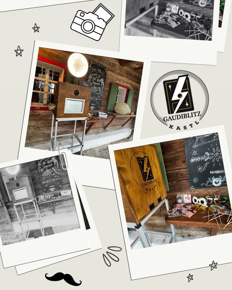 Collage mit GaudiBlitzKastl Fotobox, Branding und Requisiten
